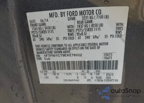 2014 Ford F-150 Xlt from USA, damaged, VIN 1FTFW1CT9EKE76022